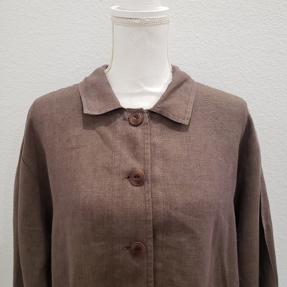 FLAX Brown Button Down Lightweight Linen Jacket Size Medium - Picture 2 of 8